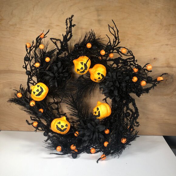 Halloween Wreath Black Christmas Tree Flowers Grapevine Jack o'Lantern Pumpkin - Picture 3 of 4